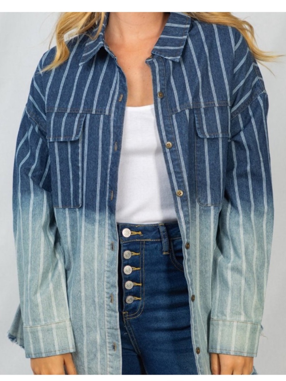 White Birch Striped Ombre Denim Shacket - Blue/Light Blue